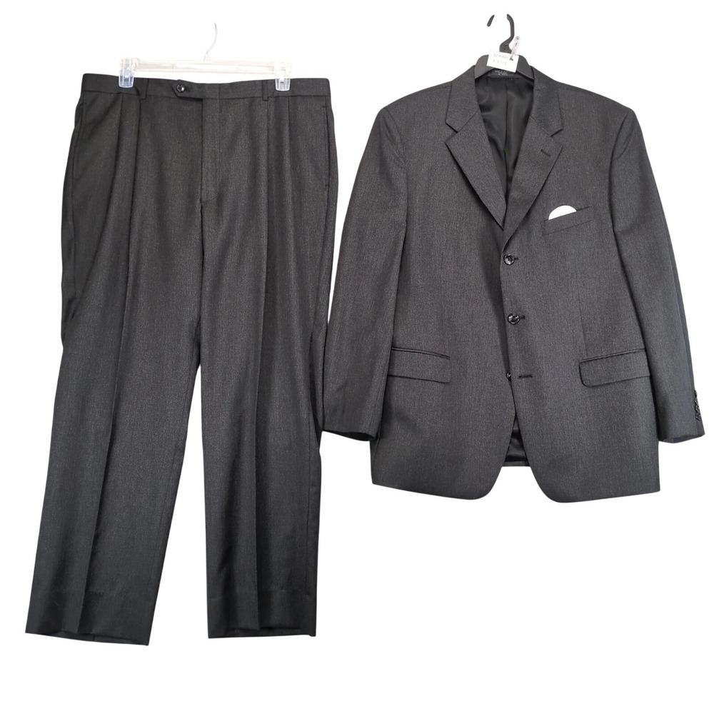 Jones New York Charcoal Gray Wool 2pc Suit Mens 46R Jacket 40x32 Pants Pleated‎